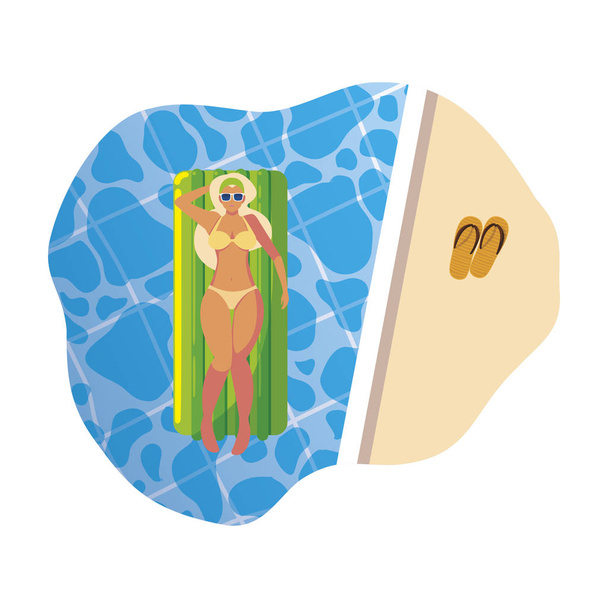mulher bonita com colchão flutuante flutuando na água
 - Vetor, Imagem