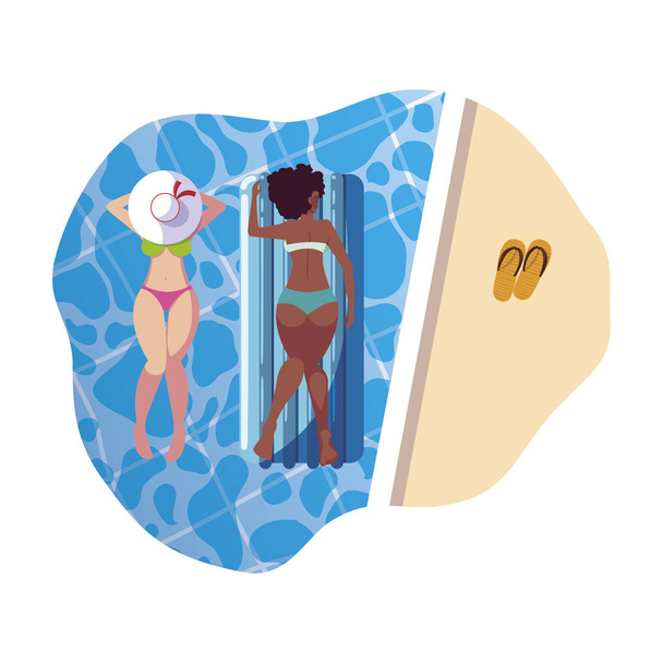 belles filles interracial avec matelas flottant dans l'eau
 - Vecteur, image