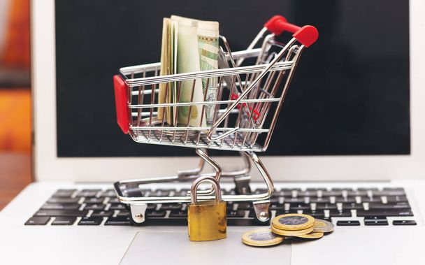 Winkelwagentje van Algerije cash geld en Coin op laptop en hangslot: e-commerce, e-payments en onlineshopping concept - Foto, afbeelding