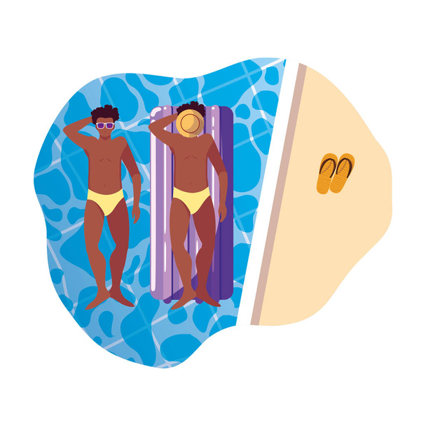 afro uomo con costume da bagno e materasso galleggiante in acqua
 - Vettoriali, immagini