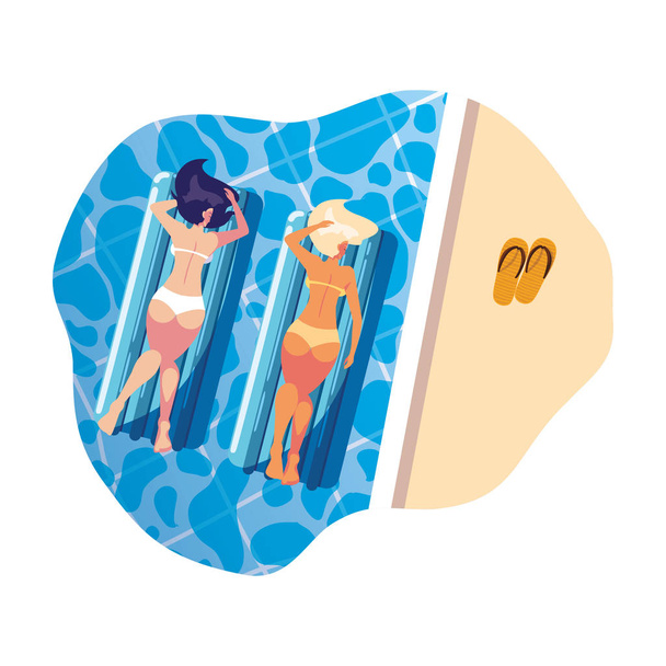 beautiful girls with float mattress floating in pool - Vector, Image