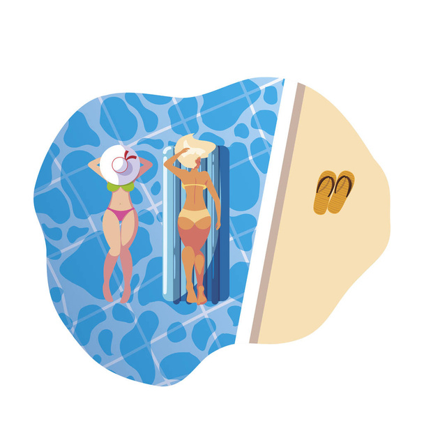 gyönyörű lányok úszó matrac úszó vízben - Vektor, kép