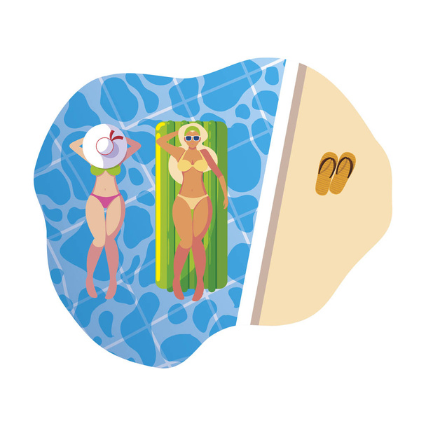 水に浮かぶフロートマットレスを持つ美しい女の子 - ベクター画像
