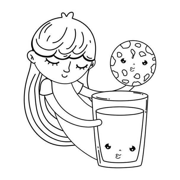 klein meisje met melk en cookie kawaii karakter - Vector, afbeelding
