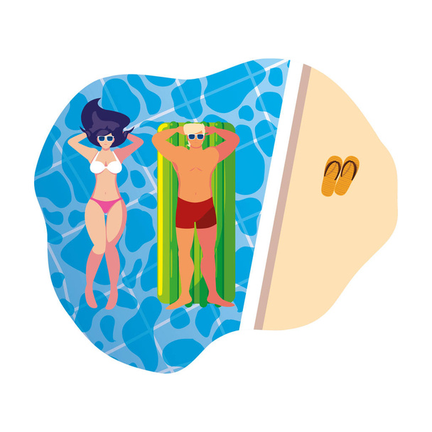 νεαρό ζευγάρι με στρώμα επιπλέων στην πισίνα - Διάνυσμα, εικόνα