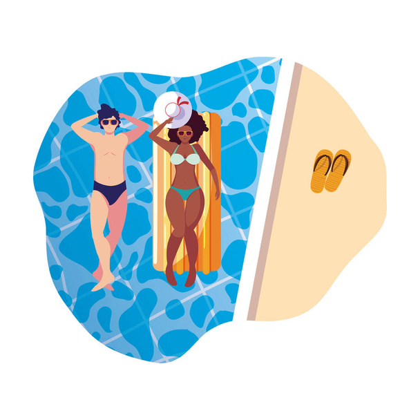 interracial couple with float mattress in water - Vector, Image
