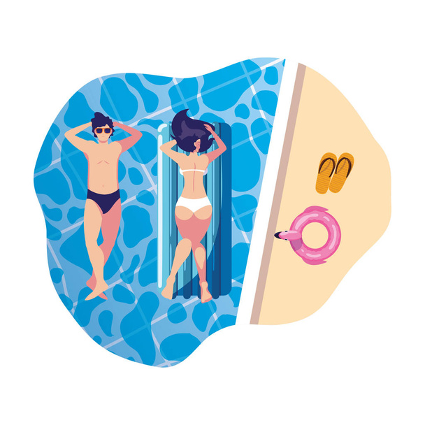 young couple with float mattress in pool - Vector, Image