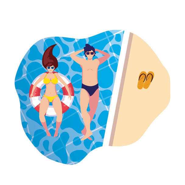 giovane coppia con costume da bagno e galleggiante in acqua
 - Vettoriali, immagini