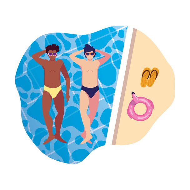 rotujenvälinen miesten kanssa uimapuku kelluva uima-altaassa
 - Vektori, kuva