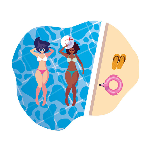 interracial girls couple with swimsuits floating in pool - Vector, Image