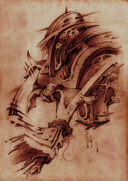 Ilustrace samuraje. Grafika byla vyrobena na papíře v červené křídě. Abstraktní, symbolické umění. Kresba japonských samurajů. - Fotografie, Obrázek