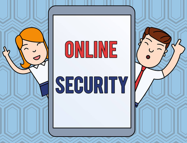 Teksti merkki osoittaa Online Security. Käsitteellinen valokuva säännöt suojautua hyökkäyksiltä Internetissä Mies ja nainen Index Fingers Up Touch Screen Tablet älypuhelin laite
. - Valokuva, kuva