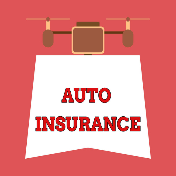 Writing note showing Auto Insurance. Business photo showcasing Protection against financial loss in case of accident Drone holding downwards banner. Geometrical abstract background design. - Photo, Image