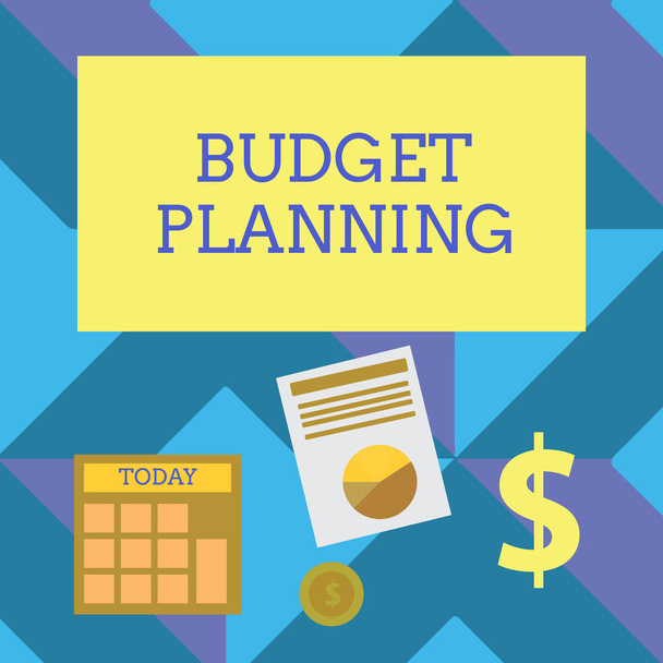 Text sign showing Budget Planning. Conceptual photo The written description about current and future expenses Computing Dollar Investment in Gold and Presenting Data thru Pie Chart Graph. - Photo, Image