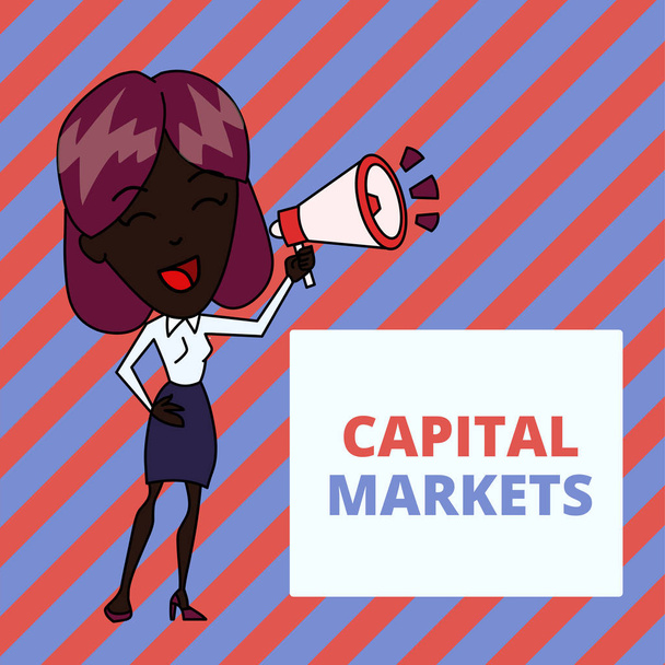 Writing note showing Capital Markets. Business photo showcasing Allow businesses to raise funds by providing market security Young Woman Speaking in Blowhorn Colored Backgdrop Text Box. - Photo, Image