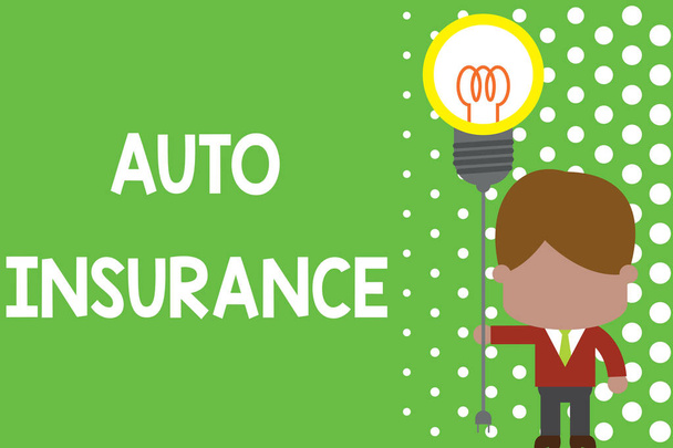Text sign showing Auto Insurance. Conceptual photo Protection against financial loss in case of accident Standing man tie holding plug socket light bulb to connect idea. Startup. - Photo, Image
