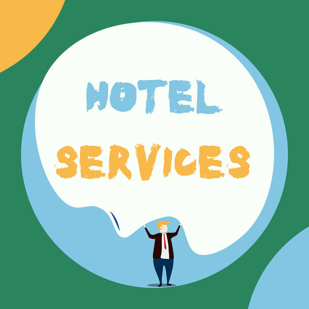 Conceptual hand writing showing Hotel Services. Business photo showcasing Facilities Amenities of an accommodation and lodging house Front view Man dressed suit tie two hands up big balloon. - Photo, Image