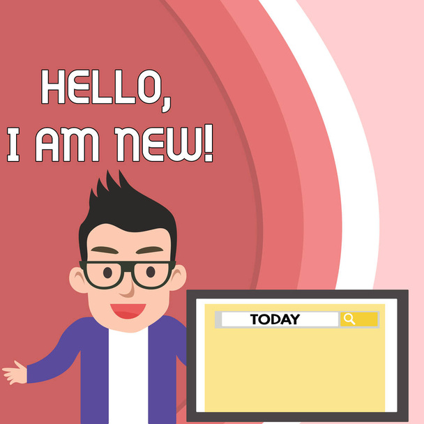 Tekst pisma ręcznego Hello I am New. Pojęcie oznacza wprowadzenie siebie w grupie jako świeży pracownik lub student męski głośnik monitor z narzędziem wyszukiwania na ekranie prezentacja lub raport. - Zdjęcie, obraz