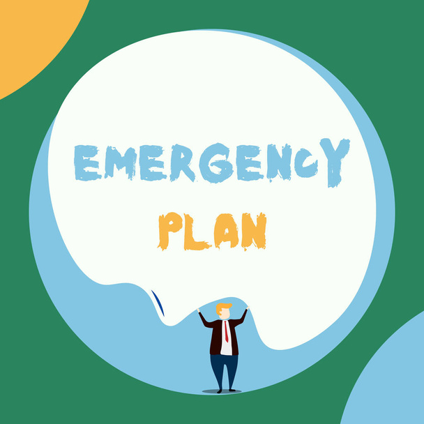 Conceptual hand writing showing Emergency Plan. Business photo showcasing Procedures for response to major emergencies Be prepared Front view Man dressed suit tie two hands up big balloon. - Photo, Image