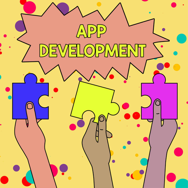 Text sign showing App Development. Conceptual photo Development services for awesome mobile and web experiences Three Colored Empty Jigsaw Puzzle Pieces Held in Different People Hands. - Photo, Image
