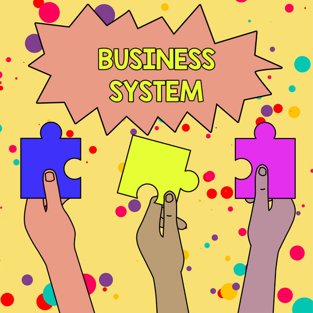 Text sign showing Business System. Conceptual photo A method of analyzing the information of organizations Three Colored Empty Jigsaw Puzzle Pieces Held in Different People Hands. - Photo, Image