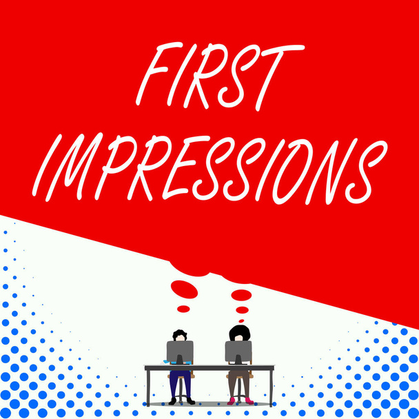 Text sign showing First Impressions. Conceptual photo What a demonstrating thinks of you when they first meet you Two men sitting behind desk each one laptop sharing blank thought bubble. - Photo, Image