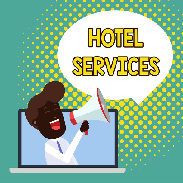 A Hotel szolgáltatásait feltüntető szöveges jel. Konceptuális fotó létesítmények szolgáltatásai a szállás-és bérház ember beszél keresztül laptop a loudhailer üres beszéd Bubble announce. - Fotó, kép