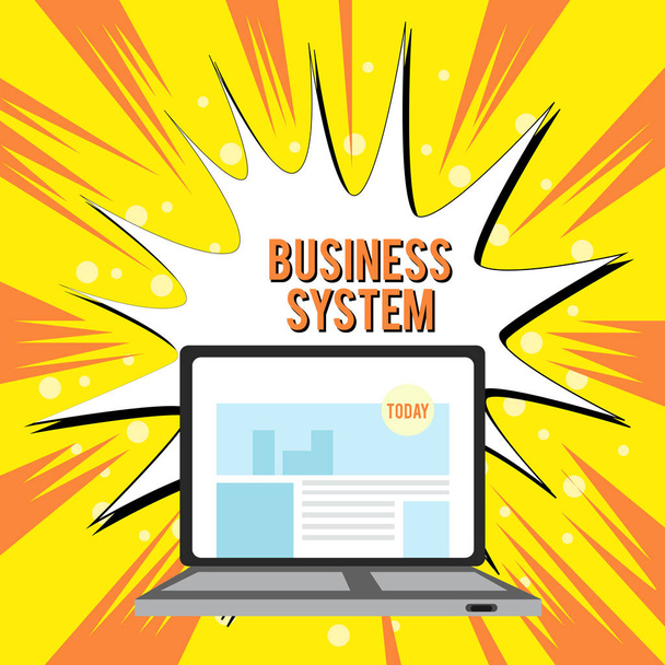Text sign showing Business System. Conceptual photo A method of analyzing the information of organizations Open Modern Laptop Switched On with Website Homepage on Screen Web Search. - Photo, Image