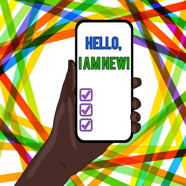 Käsiala tekstin kirjoittaminen Hello I Am New. Käsitteellä tarkoitetaan esittäytymistä ryhmässä tuoreena työntekijänä tai opiskelijana Älypuhelimen laitteen lähikuva, joka pidetään kädessä tyhjällä näytöllä ja tekstitilalla
. - Valokuva, kuva