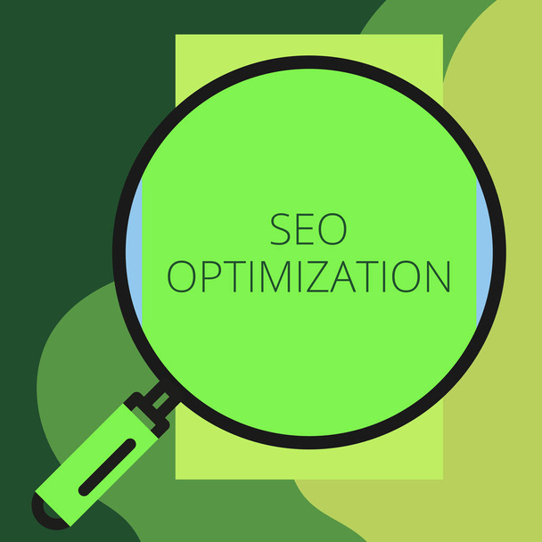 Writing note showing Seo Optimization. Business photo showcasing process of affecting online visibility of website or page Round magnifying glass with iron handle frame to look bigger. - Photo, Image