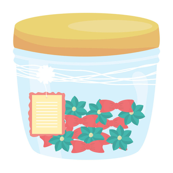 mason jar glass with flowers and tag hanging - Vector, Image