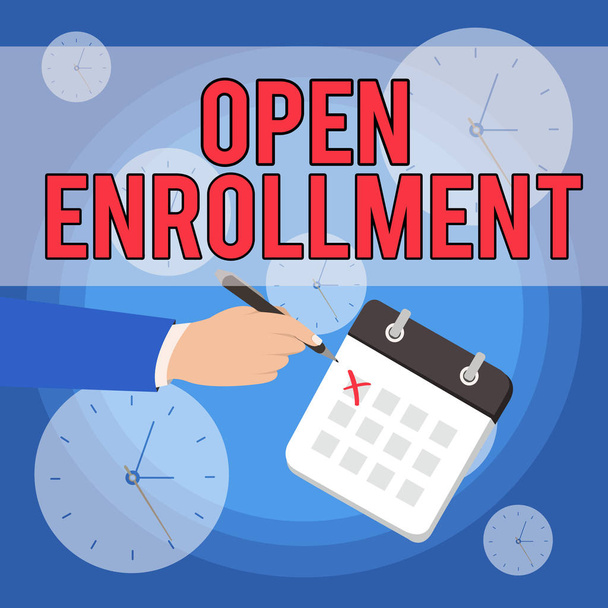 Text sign showing Open Enrollment. Conceptual photo The yearly period when showing can enroll an insurance Male Hand Formal Suit Crosses Off One Day Calendar Red Ink Ballpoint Pen. - Photo, Image