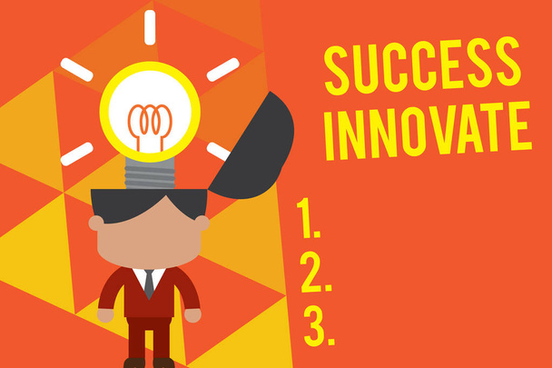 Почерк текста Success Innovate. Концептуальное значение делает организации более гибкими к рыночным силам Стоящий успешный костюм человека галстук всплеск блестящих инновационных решений
. - Фото, изображение