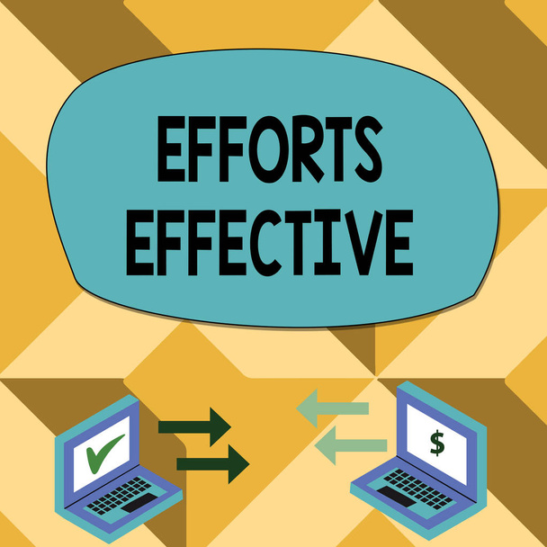 Text sign showing Efforts Effective. Conceptual photo Produces the results as per desired Goal Target Achieve Exchange Arrow Icons Between Two Laptop with Currency Sign and Check Icons. - Fotó, kép