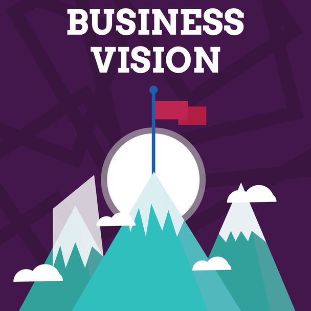 Письменный почерк Business Vision. Концепция означает развивать свой бизнес в будущем на основе ваших целей Три высокие горы со снегом и один имеет чистый красочный флаг на пике
. - Фото, изображение