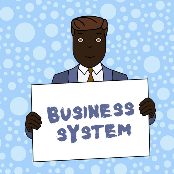 Writing note showing Business System. Business photo showcasing A method of analyzing the information of organizations Smiling Man Holding Suit Poster Board in Front of Himself. - Photo, Image