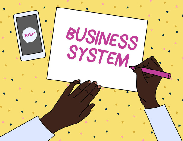 Woord schrijven tekst Business System. Business concept for A method of analyzing the information of organizations Top View Man Writing Blank Paper Pen Potlood Marker Smartphone Bericht Pictogram. - Foto, afbeelding