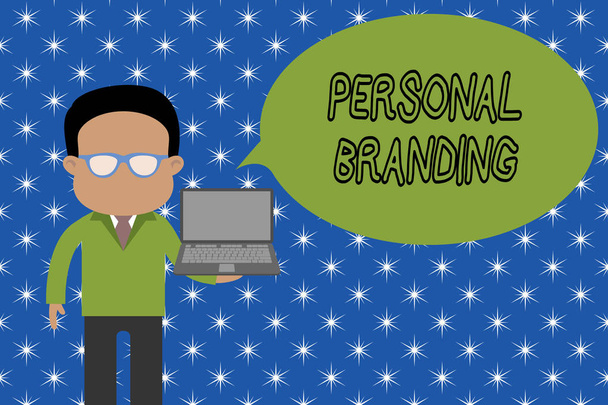 Text sign showing Personal Branding. Conceptual photo Practice of People Marketing themselves Image as Brands Standing man in suit wearing eyeglasses holding open laptop photo Art. - Photo, Image