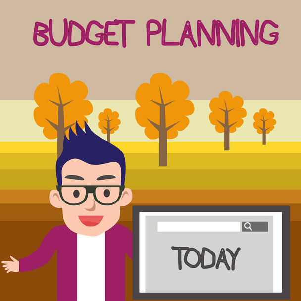 Text sign showing Budget Planning. Conceptual photo The written description about current and future expenses Male Speaker Monitor with Search Tool on Screen Presentation or Report. - Photo, Image