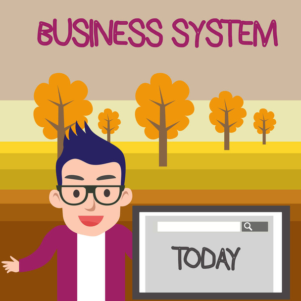 A Business System (üzleti rendszer) szöveges jele. Fogalmi fotó a módszer elemzi az információk a szervezetek férfi hangszóró monitor keresőeszköz a Screen bemutatása vagy jelentés. - Fotó, kép