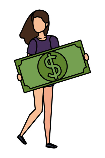 mulher levantando conta dinheiro caráter dólar
 - Vetor, Imagem