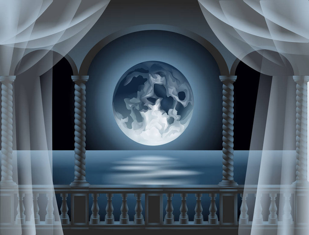 バルコニーイラストベクトルから見た海の満月 - ベクター画像
