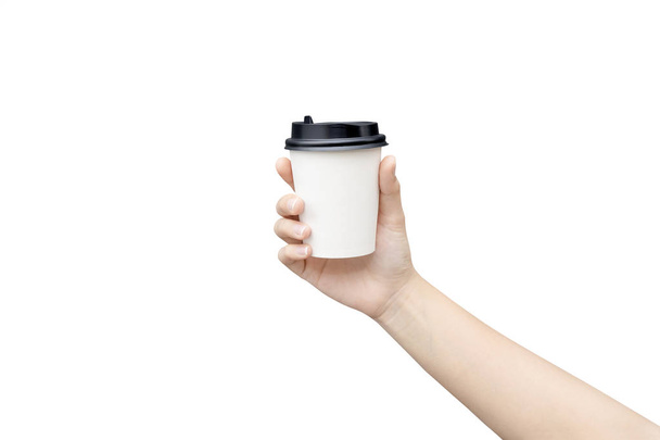 Mockup of female hand holding a Coffee paper cup isolated on lig - Foto, imagen
