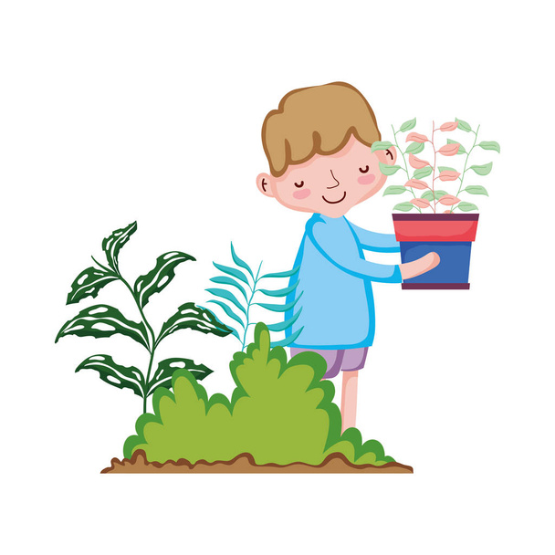 little boy lifting houseplant in the garden - Vector, Image