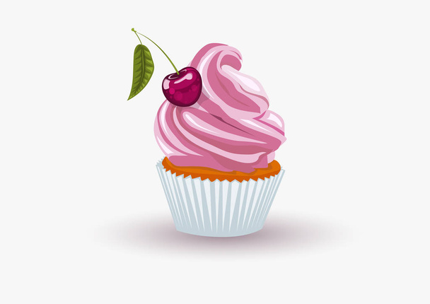 Pastel con crema rosa y cereza
 - Vector, imagen