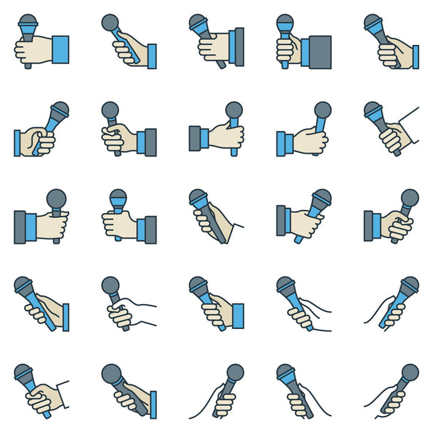 Microphone in hand outline colorful vector icons set - Vektör, Görsel