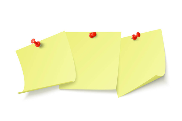 Αδειάστε κίτρινα αυτοκόλλητα με χώρο για κείμενο ή μήνυμα κολλημένο από κλιπ σε τοίχο. Απεικόνιση διανύσματος απομονωμένη σε λευκό φόντο - Διάνυσμα, εικόνα