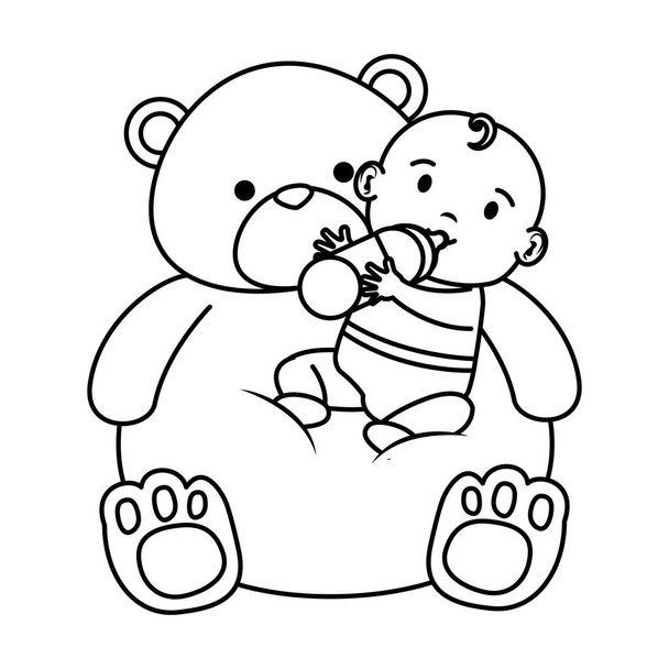 cute little baby girl z butelką mleka i niedźwiedzia Teddy - Wektor, obraz