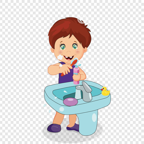 Poika hampaat harjaus, lapsi merkki harja hampaat
 - Vektori, kuva