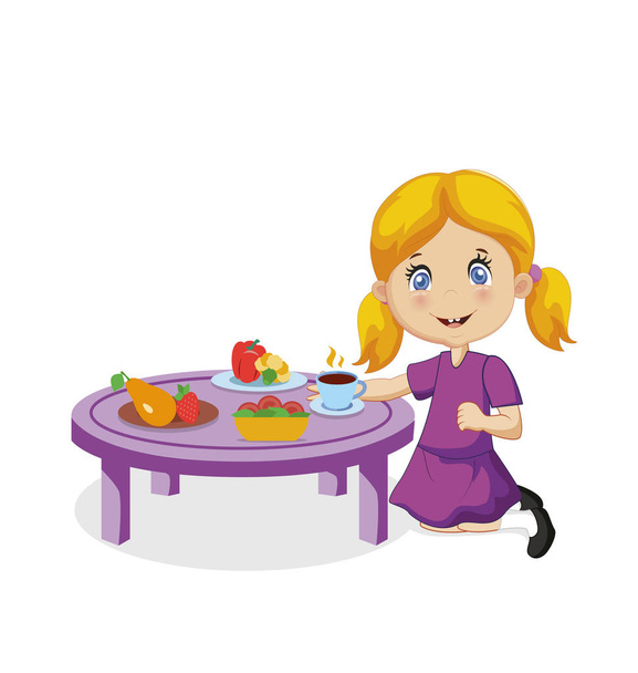 Grappig glimlachend cartoon klein meisje eten aan tafel - Vector, afbeelding